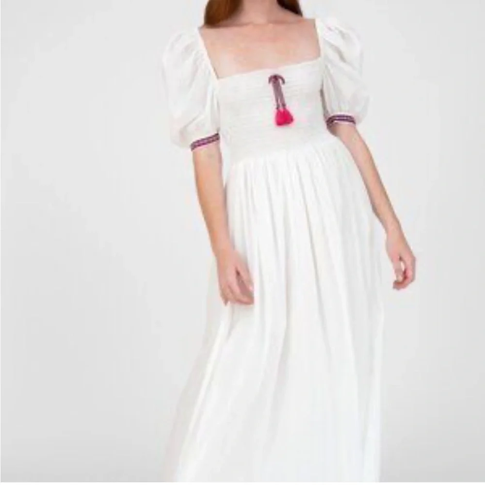 Pitusa Peruvian Cotton Taylor Maxi Dress Size S White Pink Tassels Milk-Maid